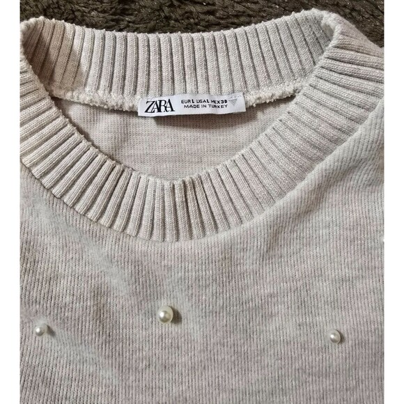 Zara Short Sleeve Pearl Embellish Crew Neck Women's Sweater Size L - Picture 3 of 5